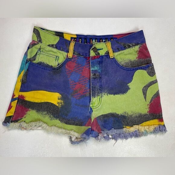 Gurilla Biscuit Cut Off Abstract Denim Jean Shorts Women Size 28 Multicolor 90s - Picture 1 of 8